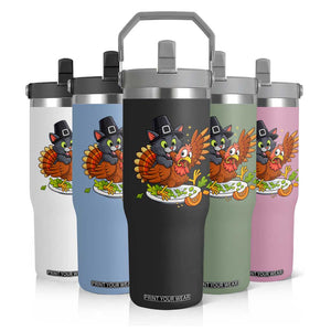 Funny Thanksgiving Cat Pilgrim Eat Turkey Flip Straw Tumbler TS14 Print Your Wear