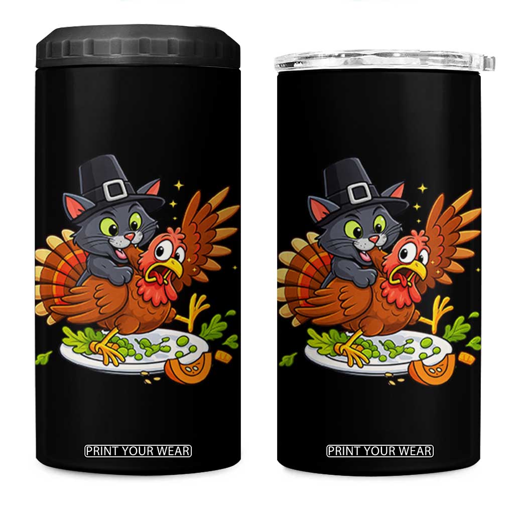 Funny Thanksgiving Cat Pilgrim Eat Turkey 4 in 1 Can Cooler Tumbler TS14 One Size: 16 oz Black Print Your Wear