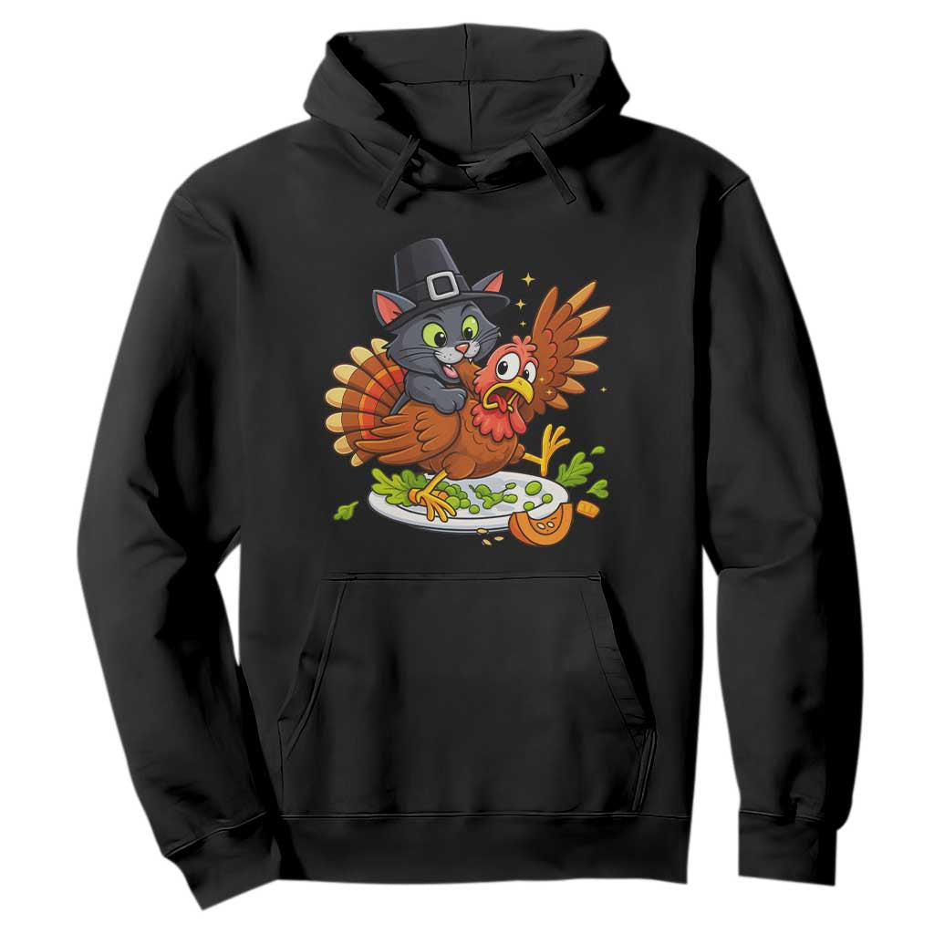 Funny Thanksgiving Cat Pilgrim Eat Turkey Hoodie TS14 Black Print Your Wear