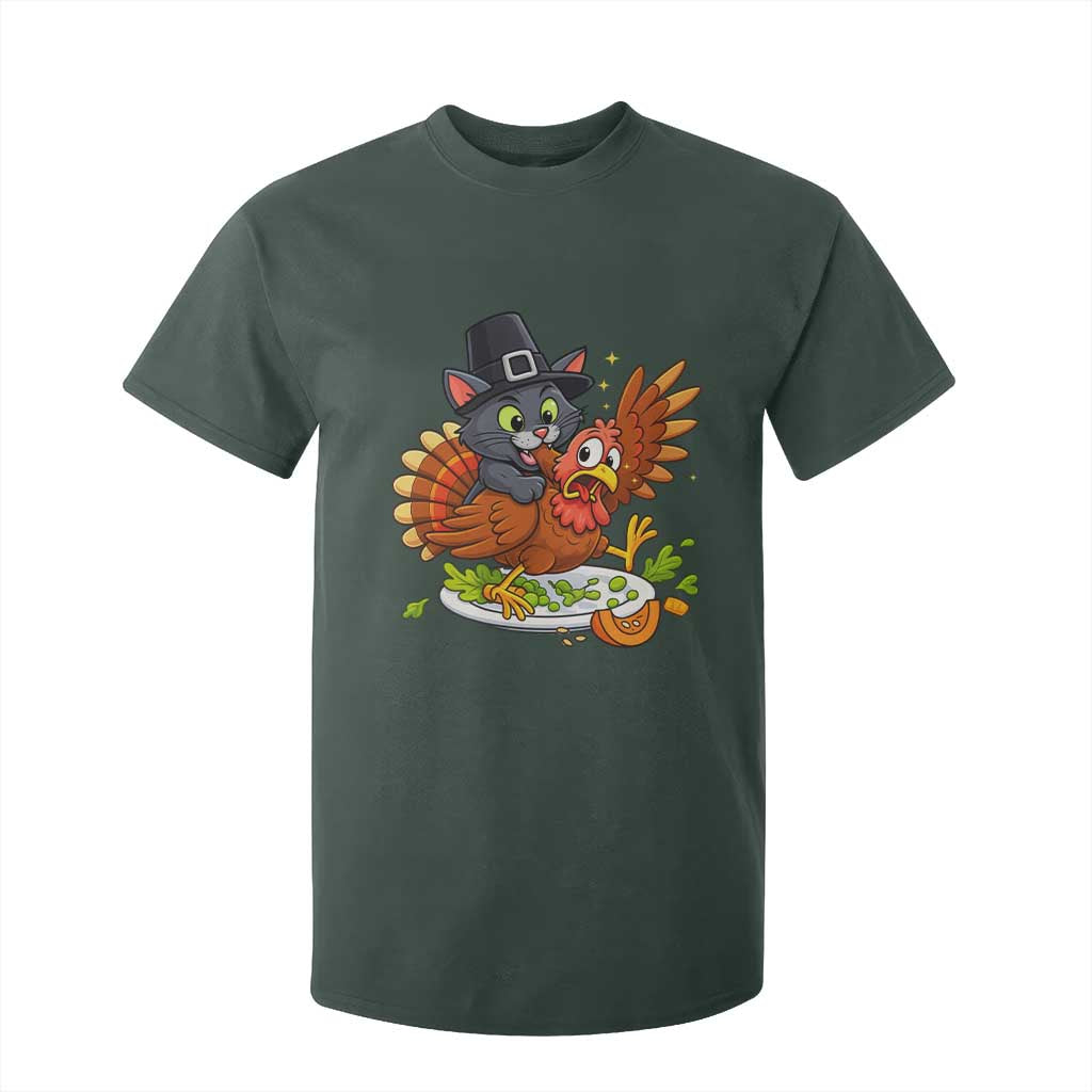 Funny Thanksgiving Cat Pilgrim Eat Turkey T Shirt For Kid TS14 Dark Forest Green Print Your Wear