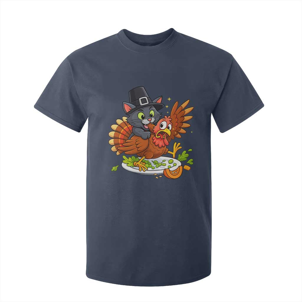 Funny Thanksgiving Cat Pilgrim Eat Turkey T Shirt For Kid TS14 Navy Print Your Wear