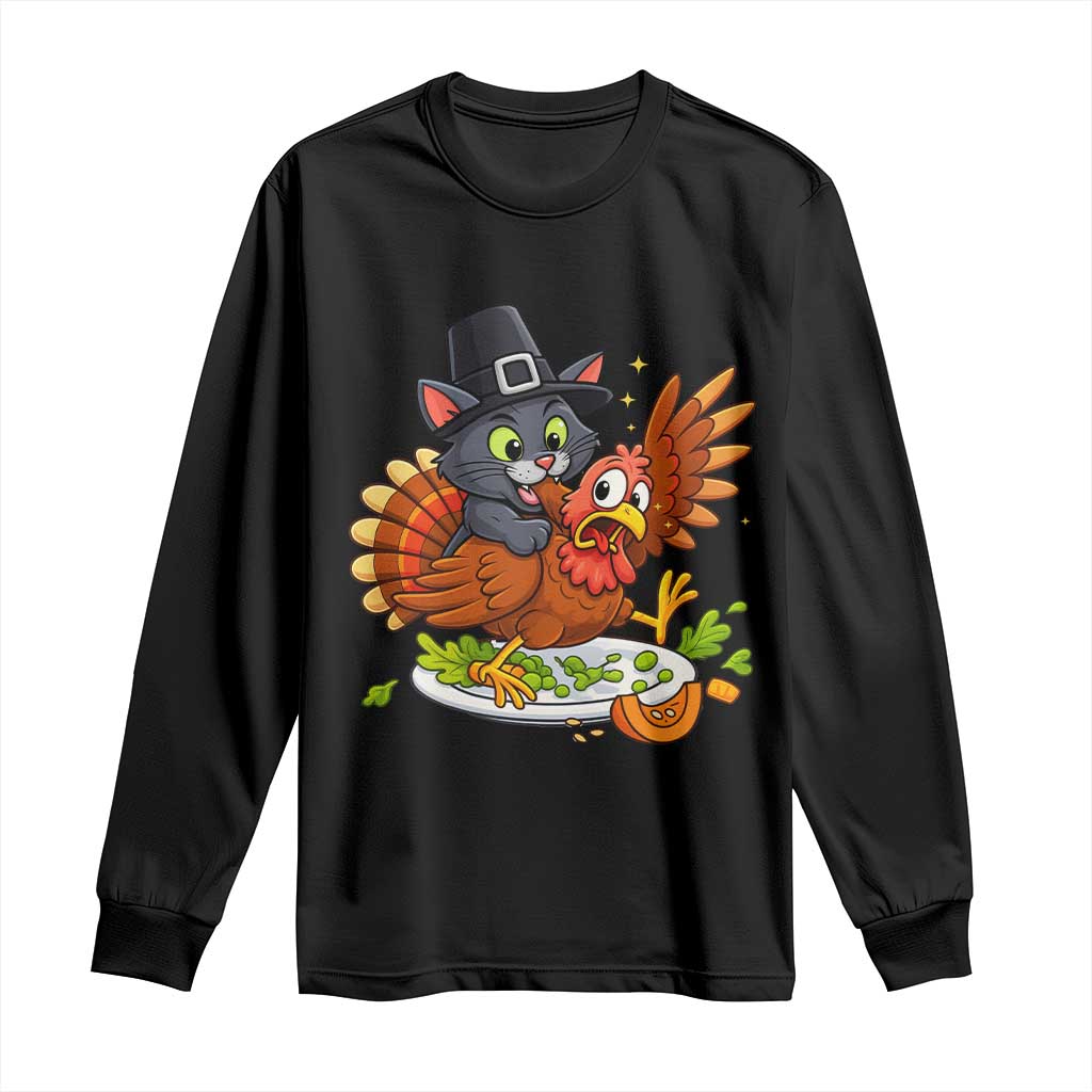 Funny Thanksgiving Cat Pilgrim Eat Turkey Long Sleeve Shirt TS14 Black Print Your Wear