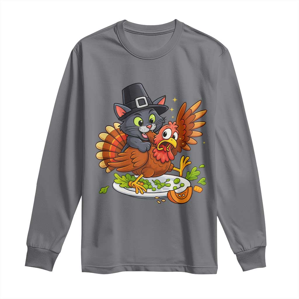 Funny Thanksgiving Cat Pilgrim Eat Turkey Long Sleeve Shirt TS14 Charcoal Print Your Wear