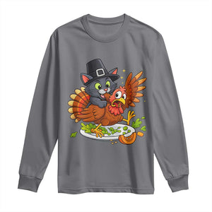 Funny Thanksgiving Cat Pilgrim Eat Turkey Long Sleeve Shirt TS14 Charcoal Print Your Wear