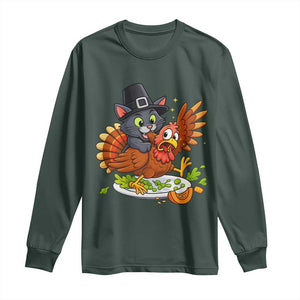 Funny Thanksgiving Cat Pilgrim Eat Turkey Long Sleeve Shirt TS14 Dark Forest Green Print Your Wear