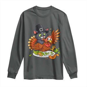 Funny Thanksgiving Cat Pilgrim Eat Turkey Long Sleeve Shirt TS14 Dark Heather Print Your Wear