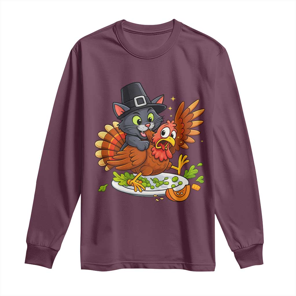 Funny Thanksgiving Cat Pilgrim Eat Turkey Long Sleeve Shirt TS14 Maroon Print Your Wear
