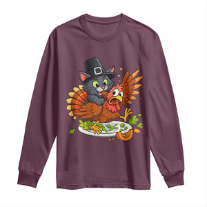 Funny Thanksgiving Cat Pilgrim Eat Turkey Long Sleeve Shirt TS14 Maroon Print Your Wear