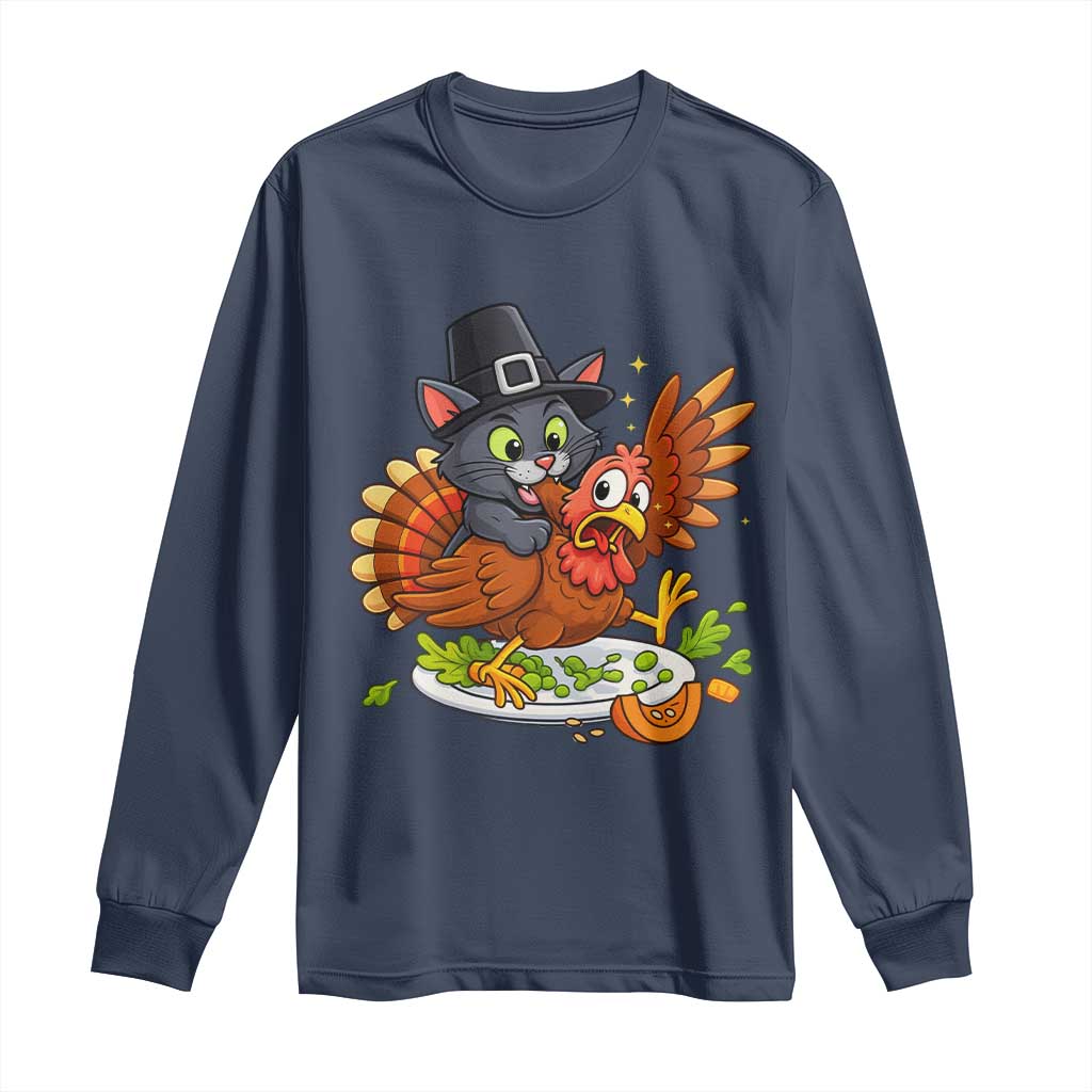 Funny Thanksgiving Cat Pilgrim Eat Turkey Long Sleeve Shirt TS14 Navy Print Your Wear