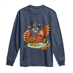 Funny Thanksgiving Cat Pilgrim Eat Turkey Long Sleeve Shirt TS14 Navy Print Your Wear