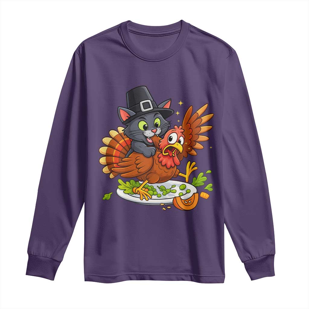 Funny Thanksgiving Cat Pilgrim Eat Turkey Long Sleeve Shirt TS14 Purple Print Your Wear