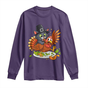 Funny Thanksgiving Cat Pilgrim Eat Turkey Long Sleeve Shirt TS14 Purple Print Your Wear