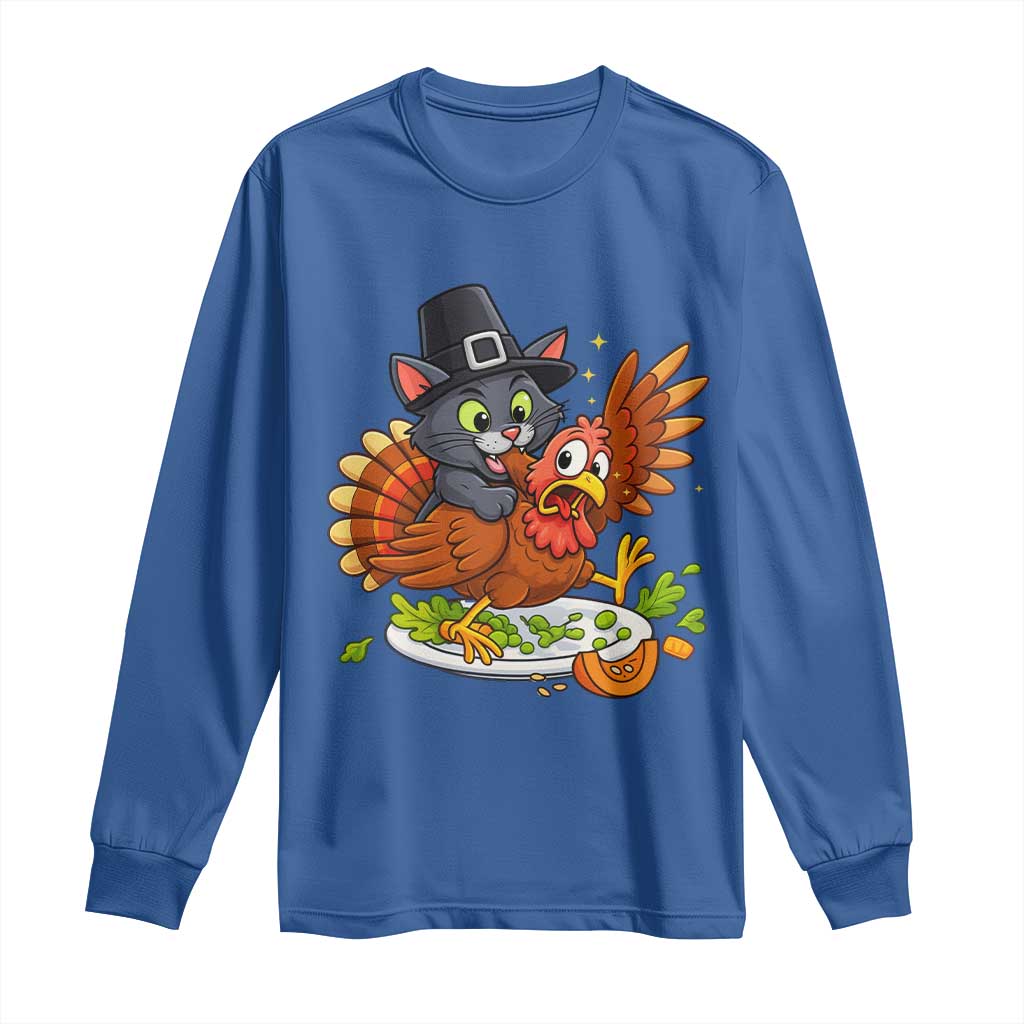 Funny Thanksgiving Cat Pilgrim Eat Turkey Long Sleeve Shirt TS14 Royal Blue Print Your Wear