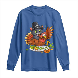 Funny Thanksgiving Cat Pilgrim Eat Turkey Long Sleeve Shirt TS14 Royal Blue Print Your Wear