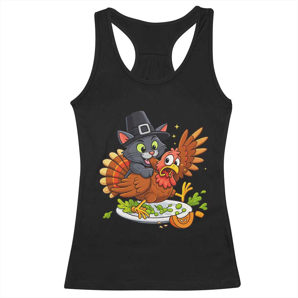 Funny Thanksgiving Cat Pilgrim Eat Turkey Racerback Tank Top TS14 Black Print Your Wear