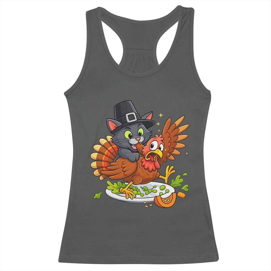 Funny Thanksgiving Cat Pilgrim Eat Turkey Racerback Tank Top TS14 Dark Heather Print Your Wear
