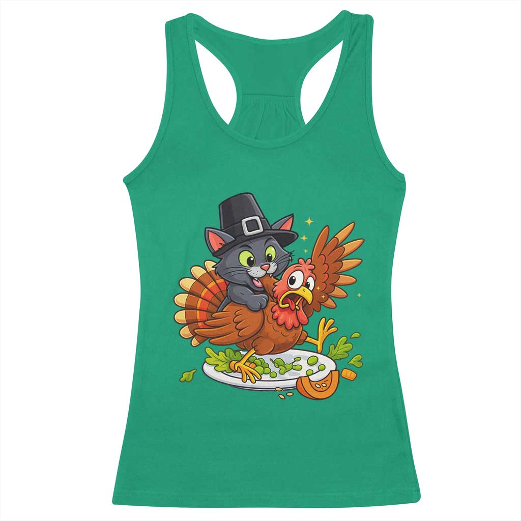 Funny Thanksgiving Cat Pilgrim Eat Turkey Racerback Tank Top TS14 Irish Green Print Your Wear