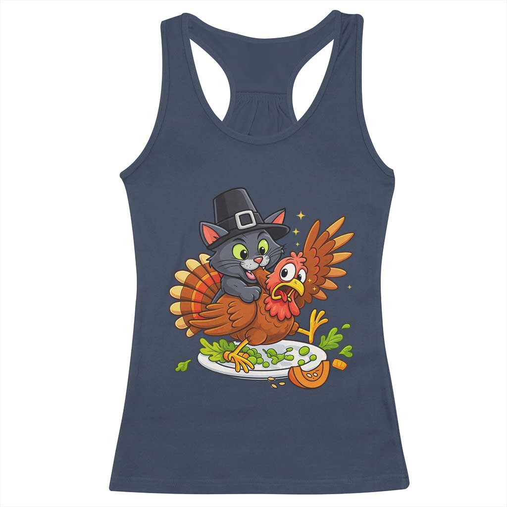 Funny Thanksgiving Cat Pilgrim Eat Turkey Racerback Tank Top TS14 Navy Print Your Wear