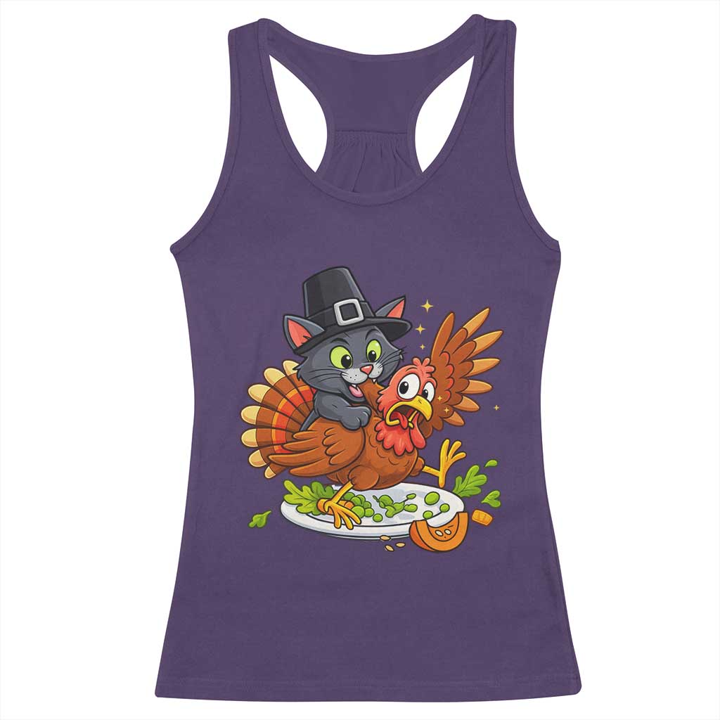 Funny Thanksgiving Cat Pilgrim Eat Turkey Racerback Tank Top TS14 Purple Print Your Wear