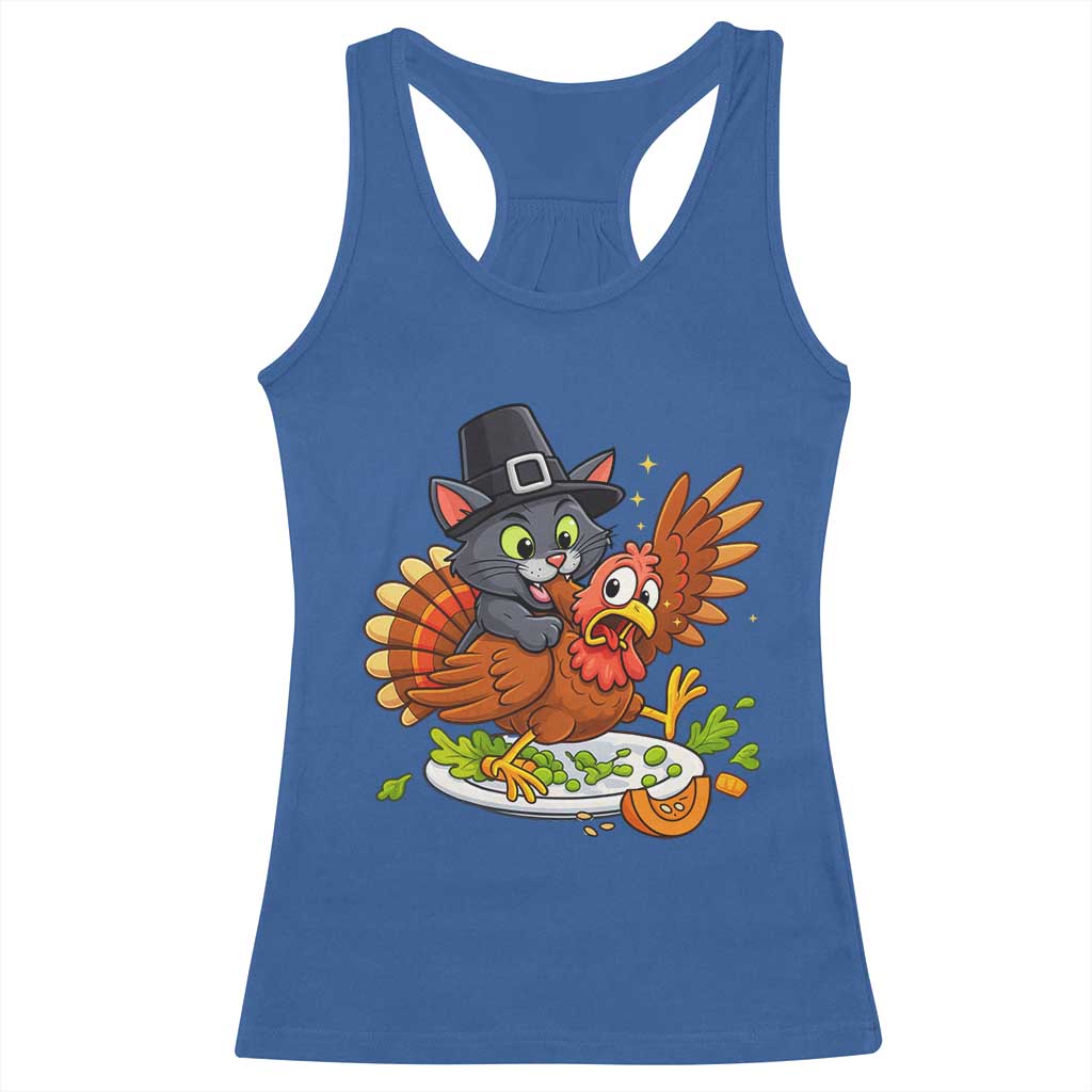 Funny Thanksgiving Cat Pilgrim Eat Turkey Racerback Tank Top TS14 Royal Blue Print Your Wear
