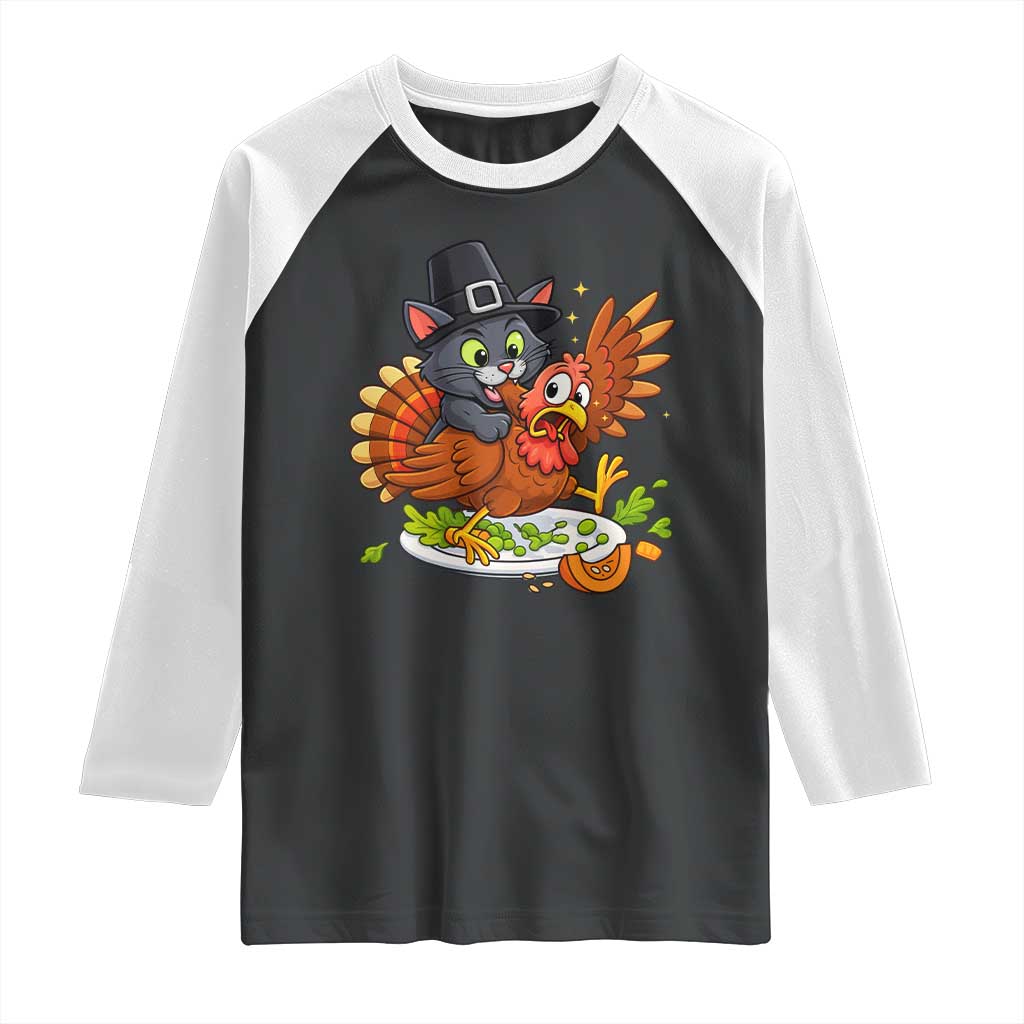 Funny Thanksgiving Cat Pilgrim Eat Turkey Raglan Shirt TS14 Black White Print Your Wear