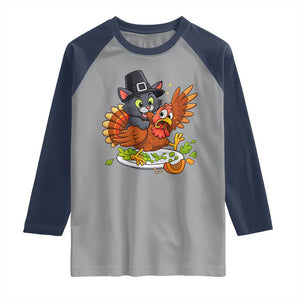 Funny Thanksgiving Cat Pilgrim Eat Turkey Raglan Shirt TS14 Sport Gray Navy Print Your Wear