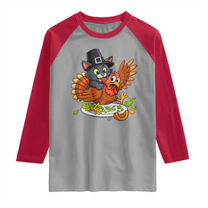 Funny Thanksgiving Cat Pilgrim Eat Turkey Raglan Shirt TS14 Sport Gray Red Print Your Wear