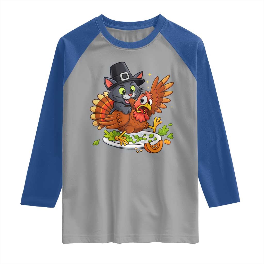 Funny Thanksgiving Cat Pilgrim Eat Turkey Raglan Shirt TS14 Sport Gray Royal Print Your Wear