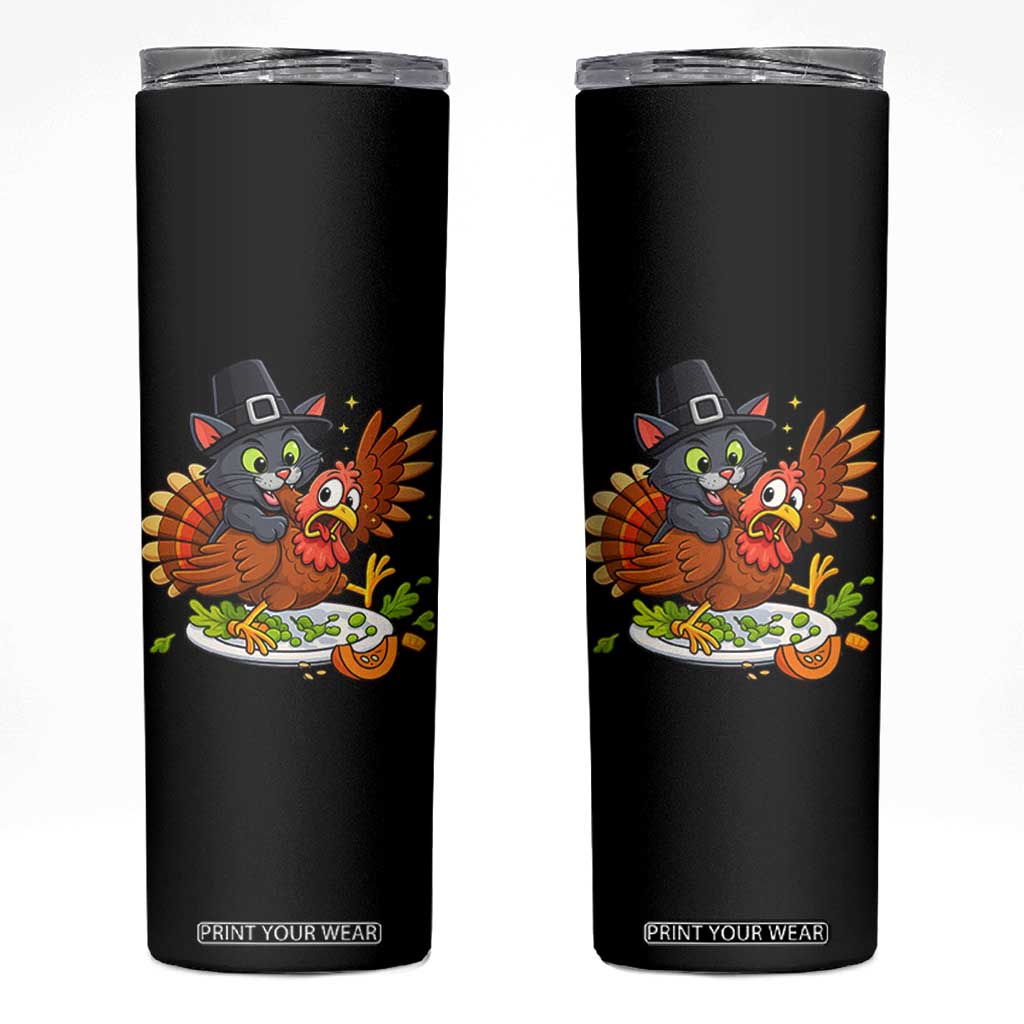 Funny Thanksgiving Cat Pilgrim Eat Turkey Skinny Tumbler TS14 Black Print Your Wear