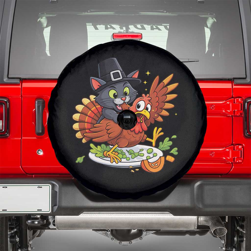 Funny Thanksgiving Cat Pilgrim Eat Turkey Spare Tire Cover TS14 Black Print Your Wear