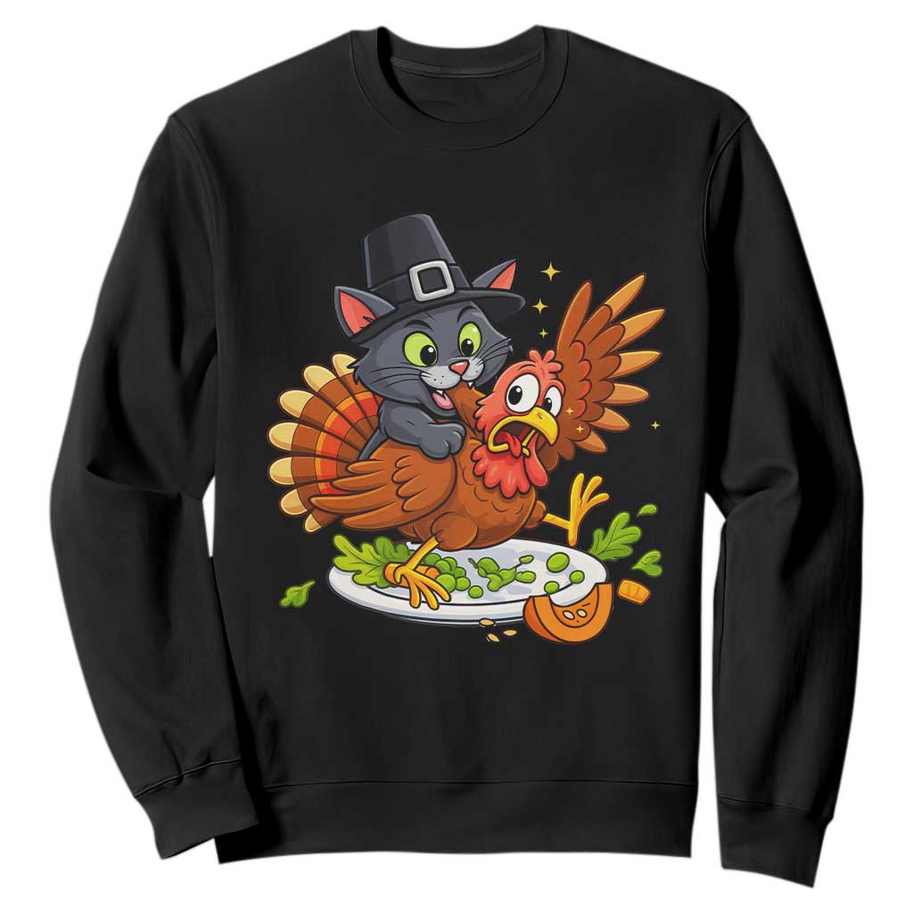 Funny Thanksgiving Cat Pilgrim Eat Turkey Sweatshirt TS14 Black Print Your Wear