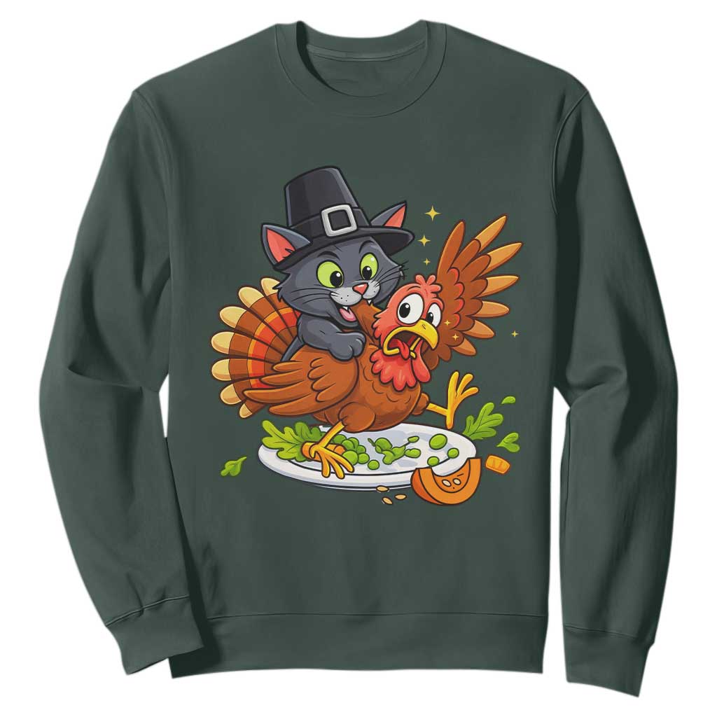 Funny Thanksgiving Cat Pilgrim Eat Turkey Sweatshirt TS14 Dark Forest Green Print Your Wear