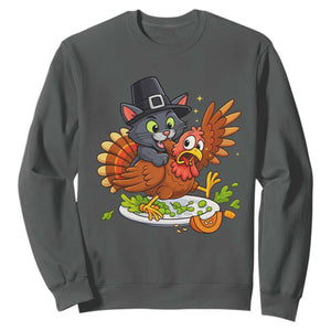 Funny Thanksgiving Cat Pilgrim Eat Turkey Sweatshirt TS14 Dark Heather Print Your Wear