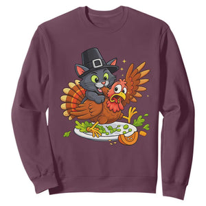 Funny Thanksgiving Cat Pilgrim Eat Turkey Sweatshirt TS14 Maroon Print Your Wear
