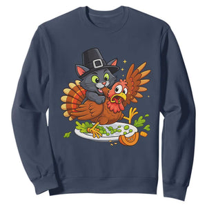 Funny Thanksgiving Cat Pilgrim Eat Turkey Sweatshirt TS14 Navy Print Your Wear