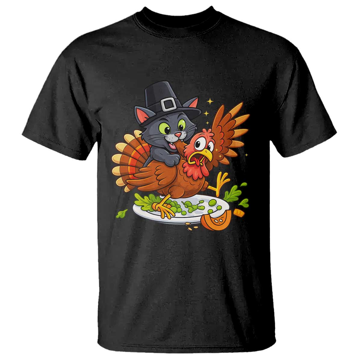 Funny Thanksgiving Cat Pilgrim Eat Turkey T Shirt TS14 Black Print Your Wear
