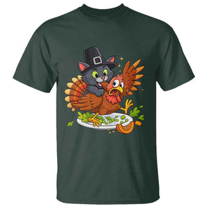 Funny Thanksgiving Cat Pilgrim Eat Turkey T Shirt TS14 Dark Forest Green Print Your Wear