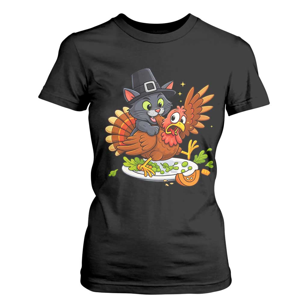 Funny Thanksgiving Cat Pilgrim Eat Turkey T Shirt For Women TS14 Black Print Your Wear