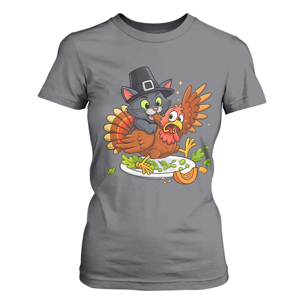 Funny Thanksgiving Cat Pilgrim Eat Turkey T Shirt For Women TS14 Charcoal Print Your Wear