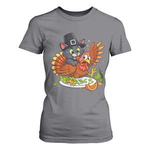 Funny Thanksgiving Cat Pilgrim Eat Turkey T Shirt For Women TS14 Charcoal Print Your Wear