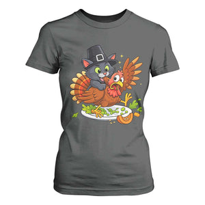 Funny Thanksgiving Cat Pilgrim Eat Turkey T Shirt For Women TS14 Dark Heather Print Your Wear