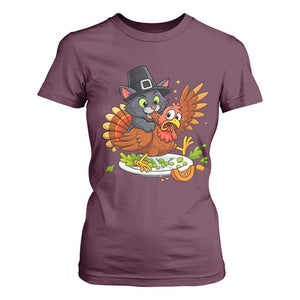 Funny Thanksgiving Cat Pilgrim Eat Turkey T Shirt For Women TS14 Maroon Print Your Wear