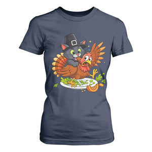 Funny Thanksgiving Cat Pilgrim Eat Turkey T Shirt For Women TS14 Navy Print Your Wear