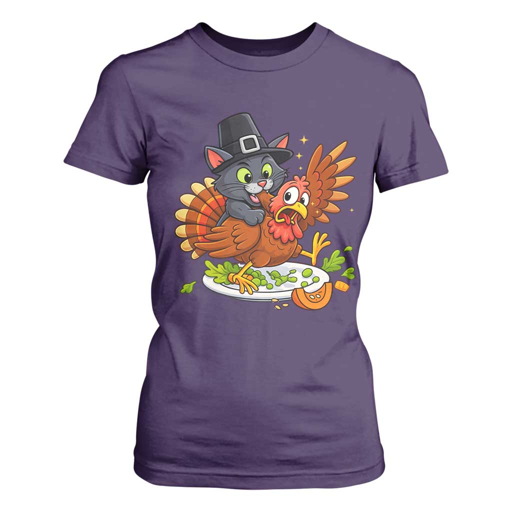 Funny Thanksgiving Cat Pilgrim Eat Turkey T Shirt For Women TS14 Purple Print Your Wear