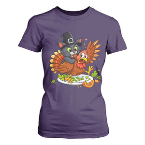 Funny Thanksgiving Cat Pilgrim Eat Turkey T Shirt For Women TS14 Purple Print Your Wear