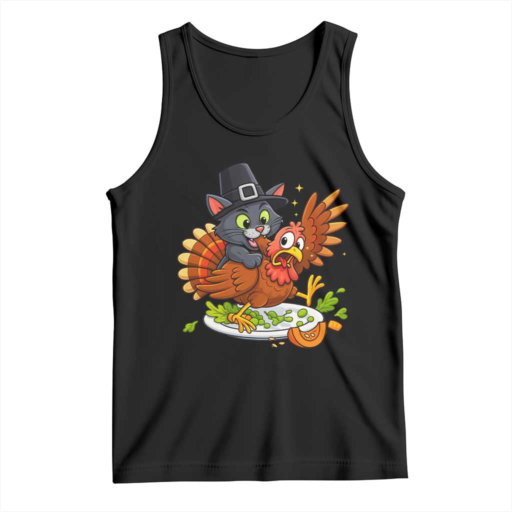 Funny Thanksgiving Cat Pilgrim Eat Turkey Tank Top TS14 Black Print Your Wear