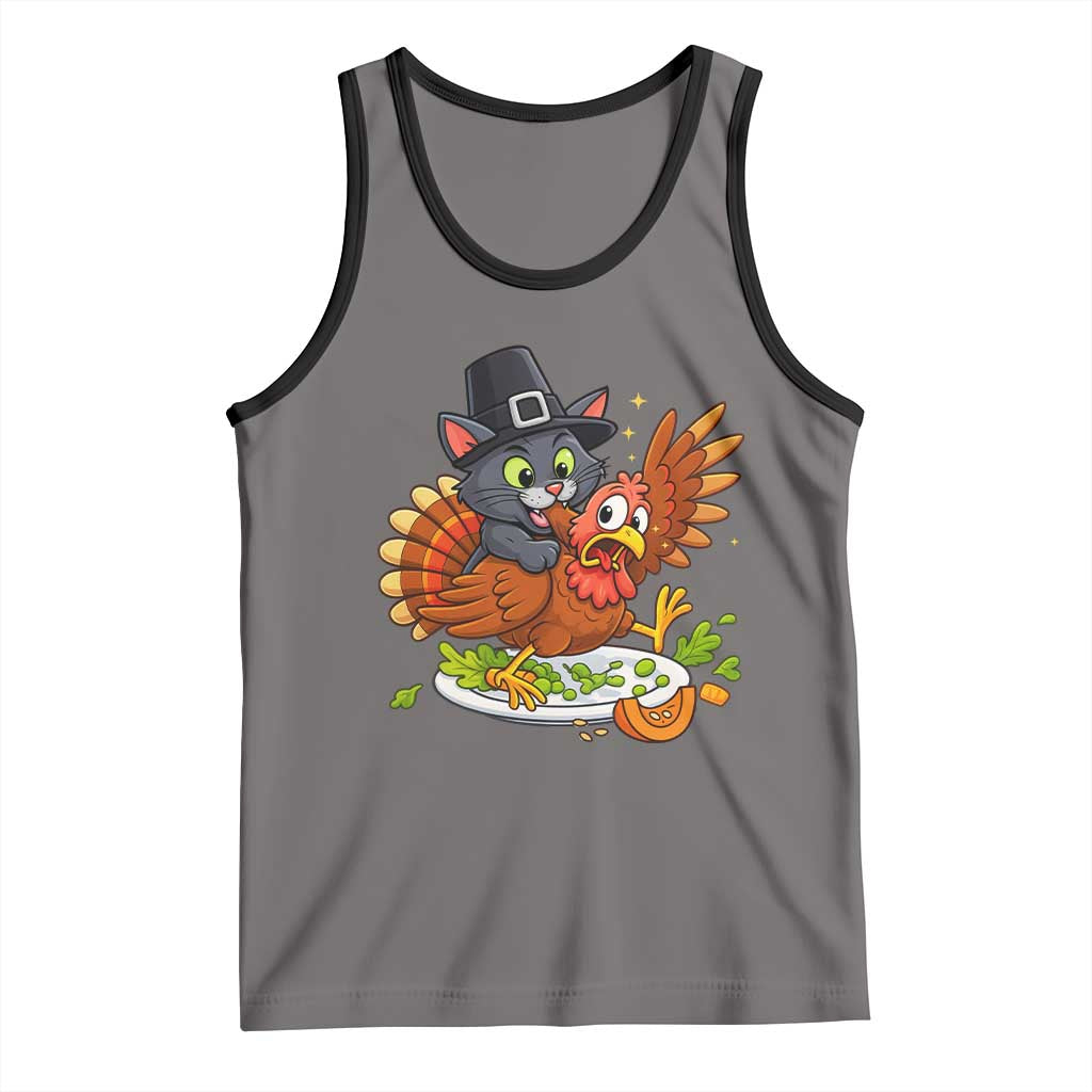 Funny Thanksgiving Cat Pilgrim Eat Turkey Tank Top TS14 Deep Heather Black Print Your Wear
