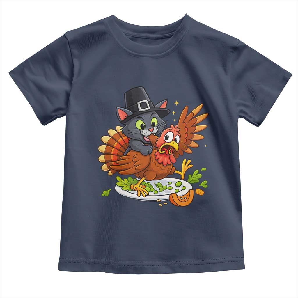 Funny Thanksgiving Cat Pilgrim Eat Turkey Toddler T Shirt TS14 Navy Print Your Wear