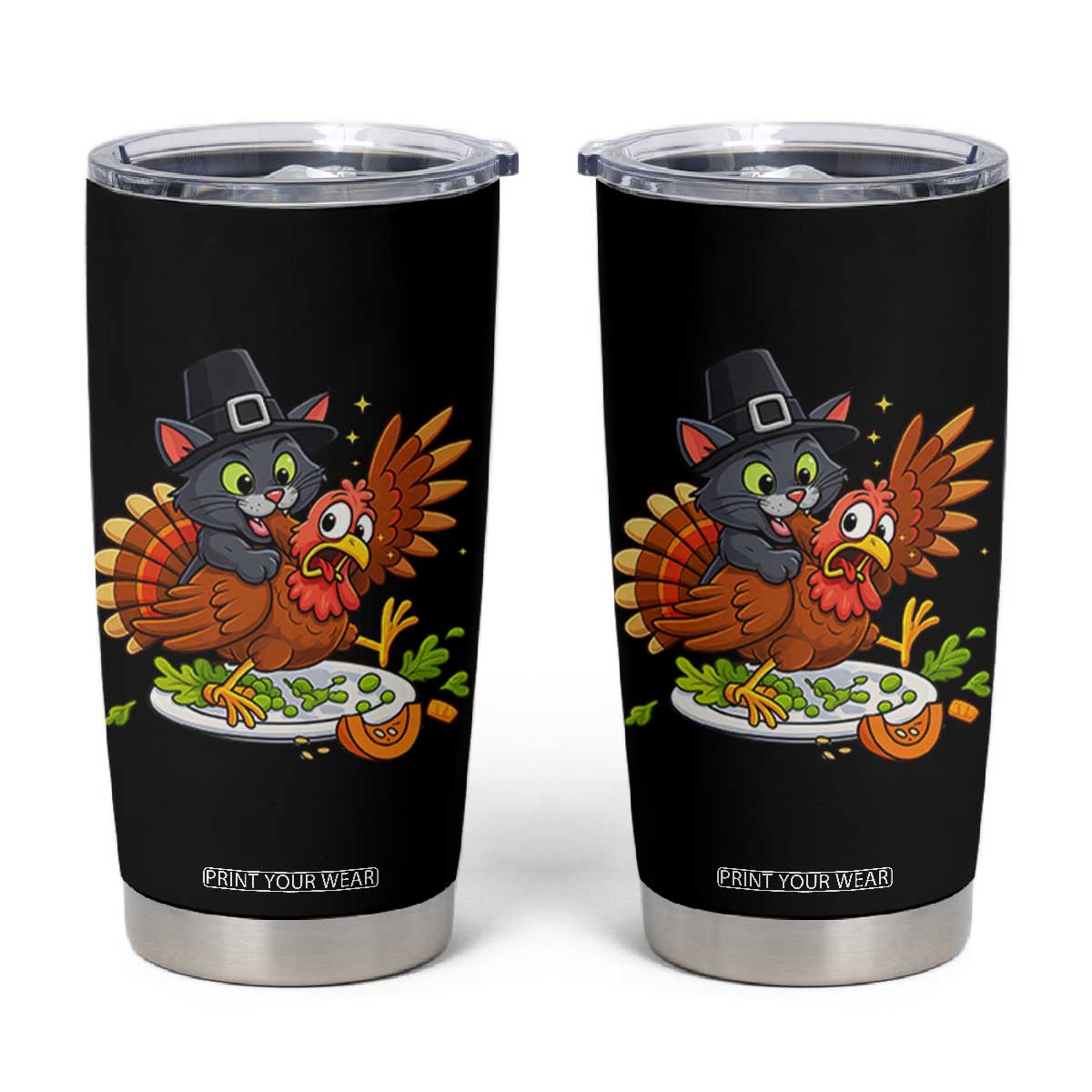 Funny Thanksgiving Cat Pilgrim Eat Turkey Tumbler Cup TS14 Black Print Your Wear