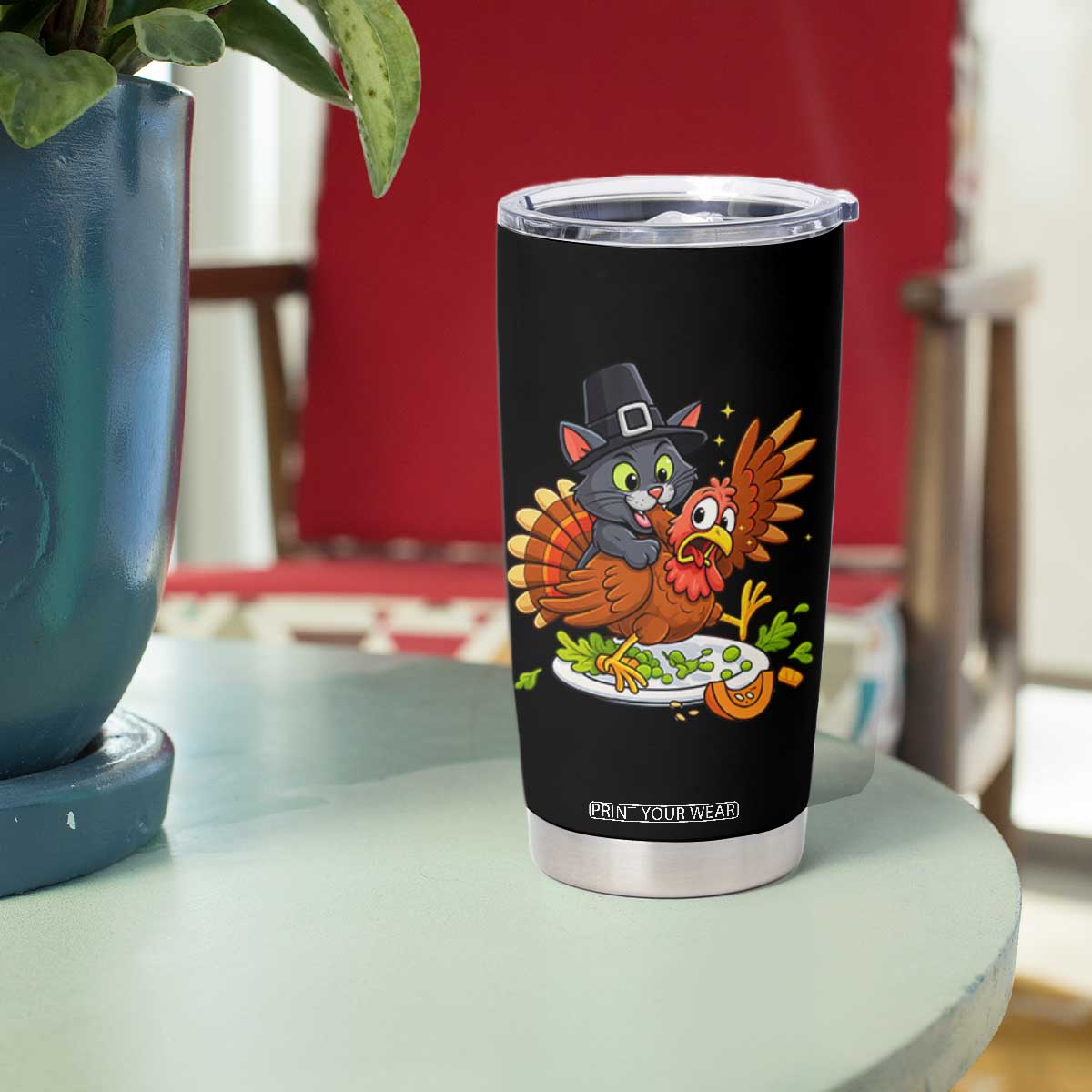 Funny Thanksgiving Cat Pilgrim Eat Turkey Tumbler Cup TS14 Print Your Wear